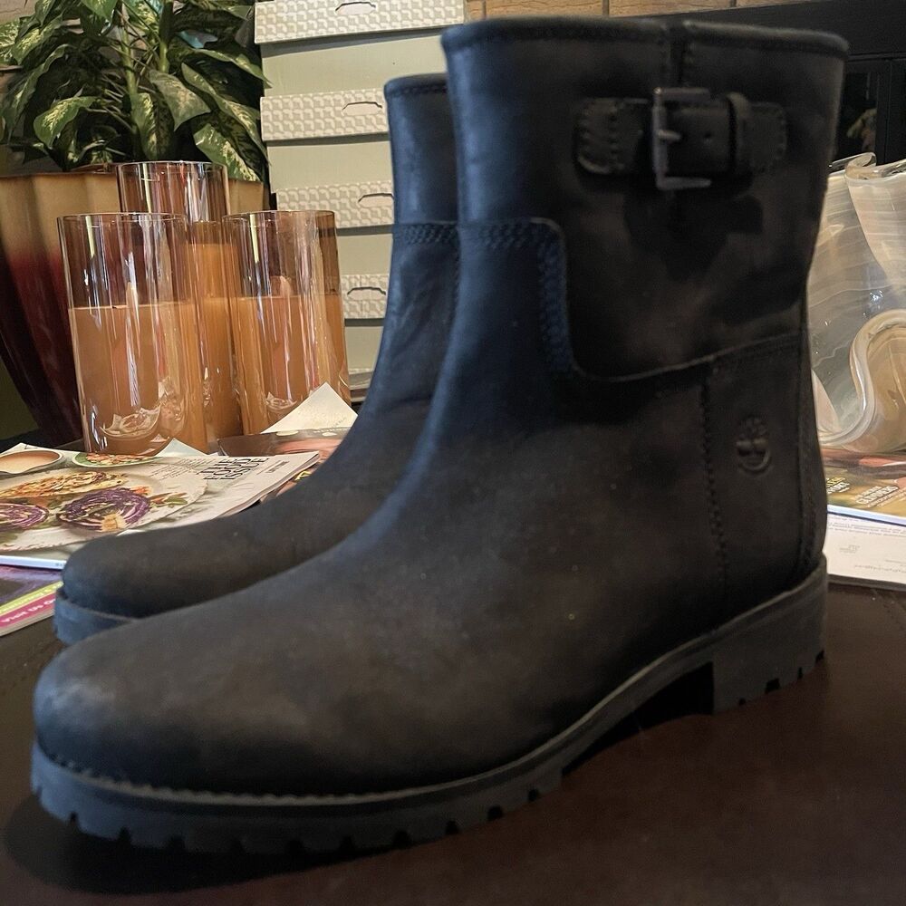 Timberland Boots Womens Size 10 Black Leather Biker Moto Mid Calf Zip Leather